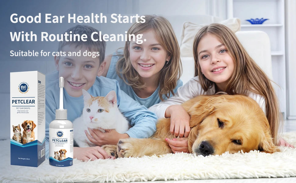 PetClear 60ml Natural Ear Drops - Dogs Cats Ear Care, Mite/Wax/Odor Removal, Itch Relief, No Stinging/Residue, Soft Dropper petbloomstore