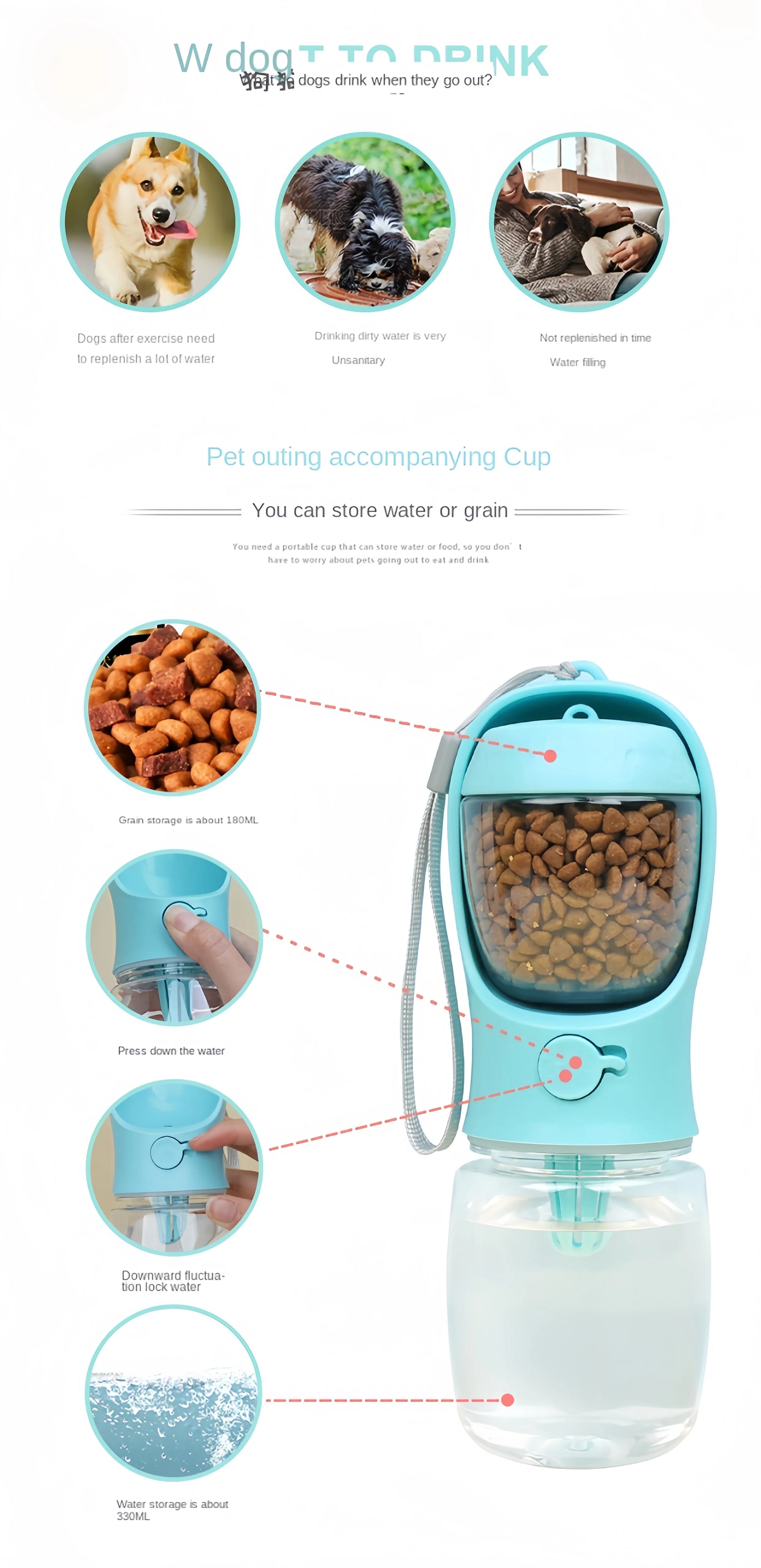 Portable Dog Cat Water Bottle with Storage Food and Water Container for Puppy Pets Dogs Feeder Bowl Outdoor Travel Pet Supplies petbloomstore