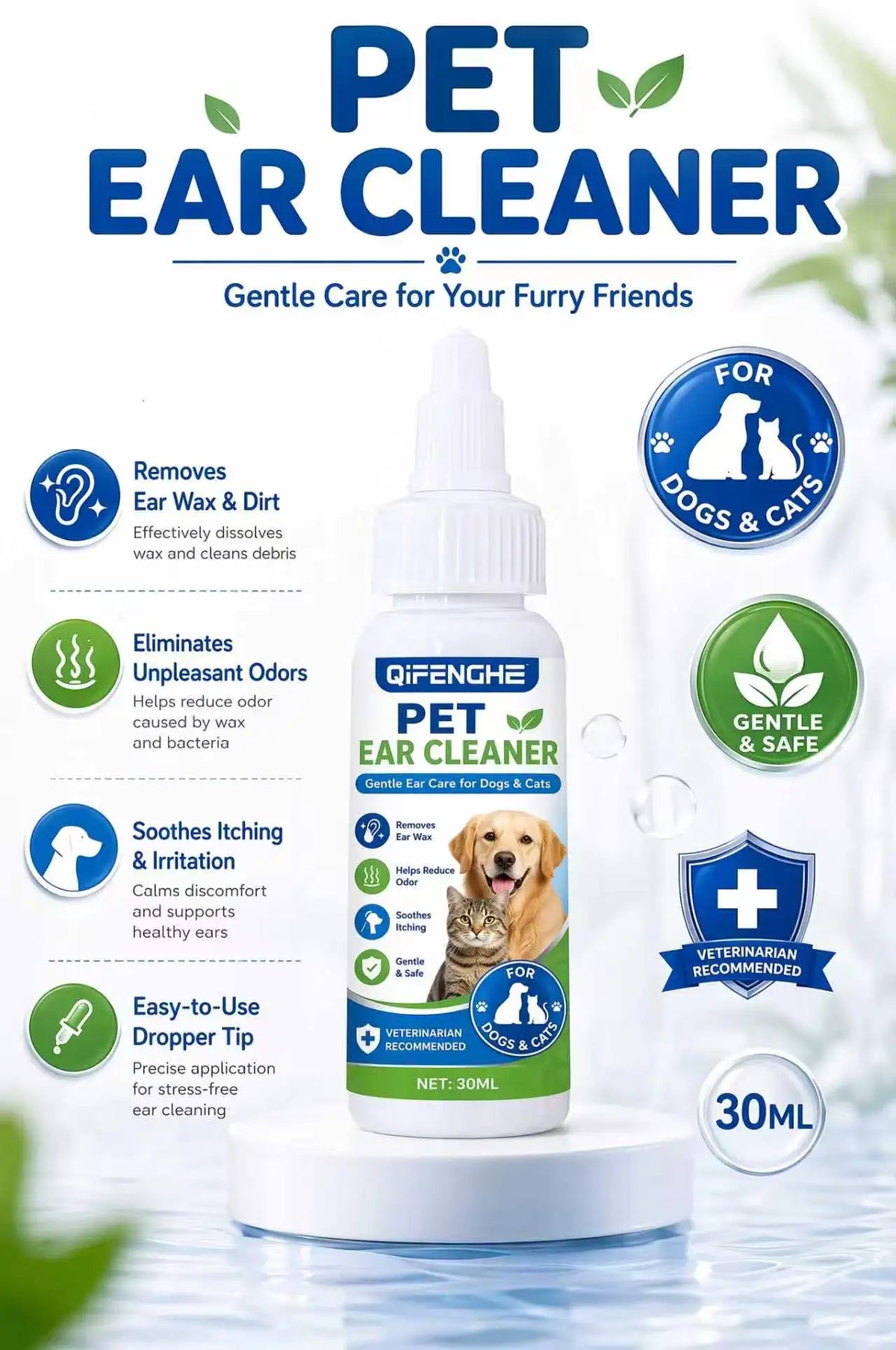 💧 Pet Ear Cleaner Drops 30ml for Dogs & Cats