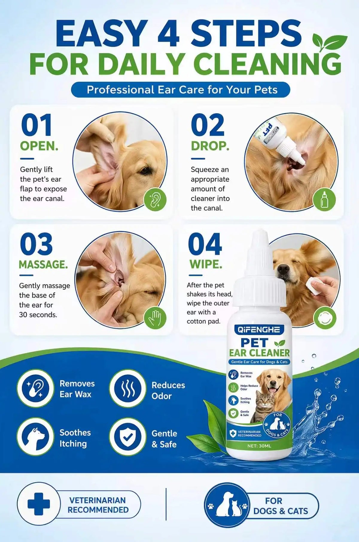 💧 Pet Ear Cleaner Drops 30ml for Dogs & Cats