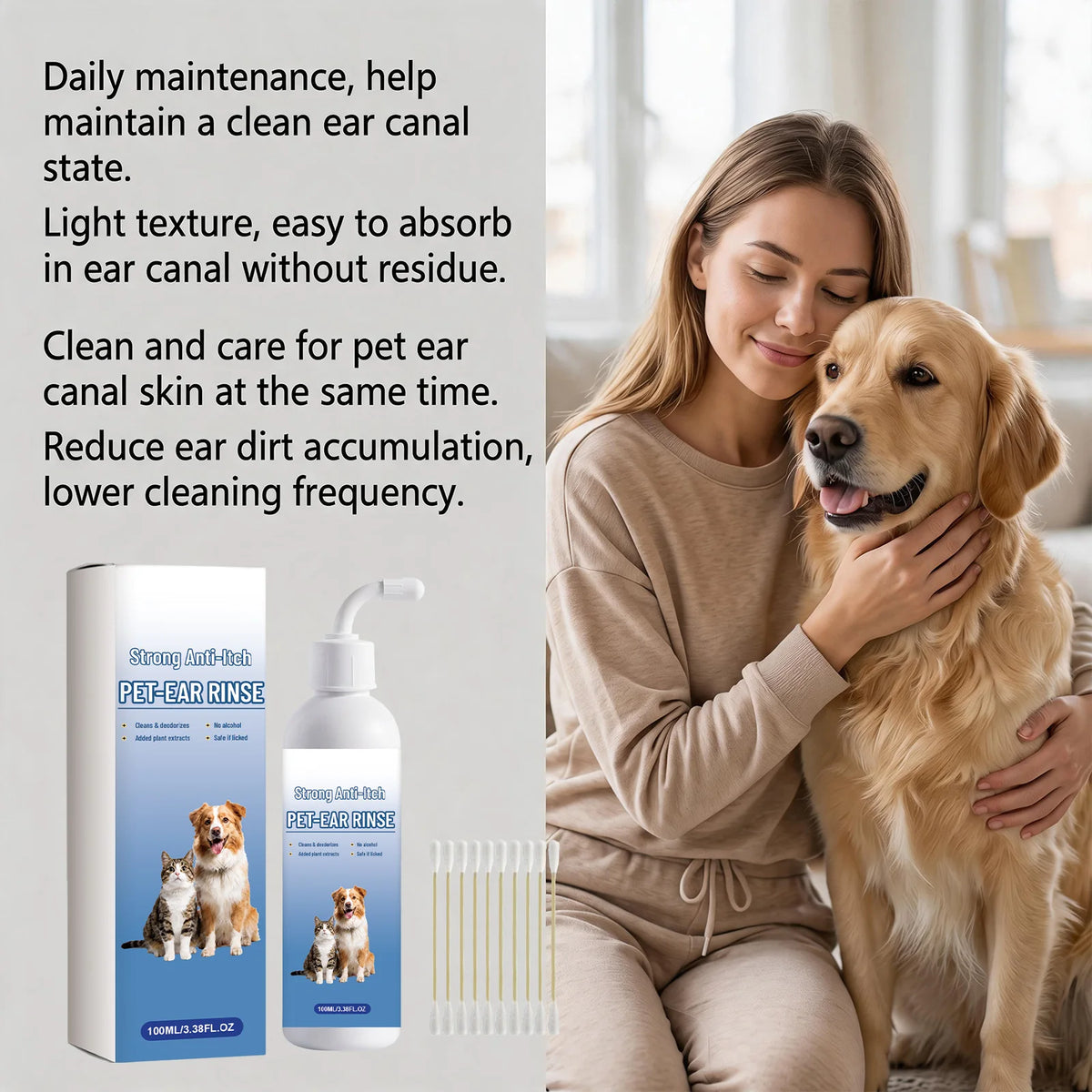 🧴 Pet Ear Cleaning Solution 10 Cotton Swabs