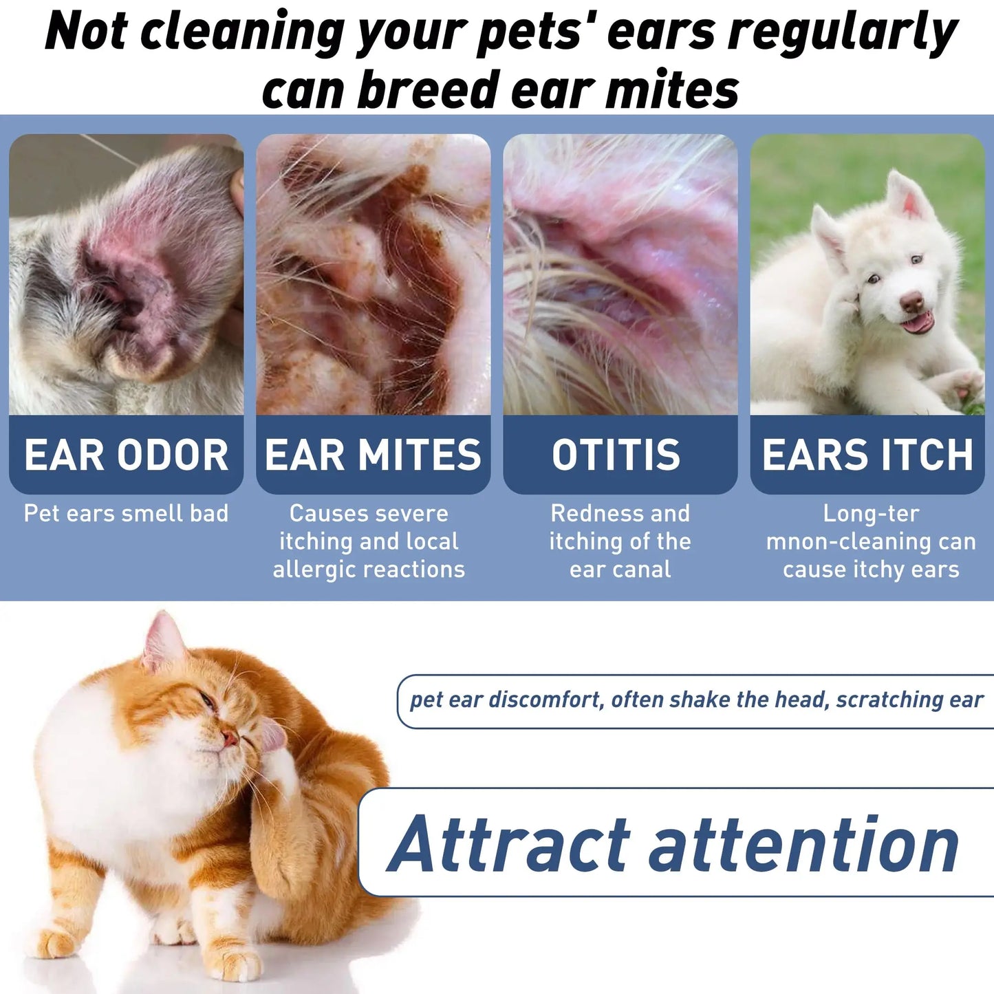 PetClear 60ml Natural Ear Drops - Dogs Cats Ear Care, Mite/Wax/Odor Removal, Itch Relief, No Stinging/Residue, Soft Dropper petbloomstore