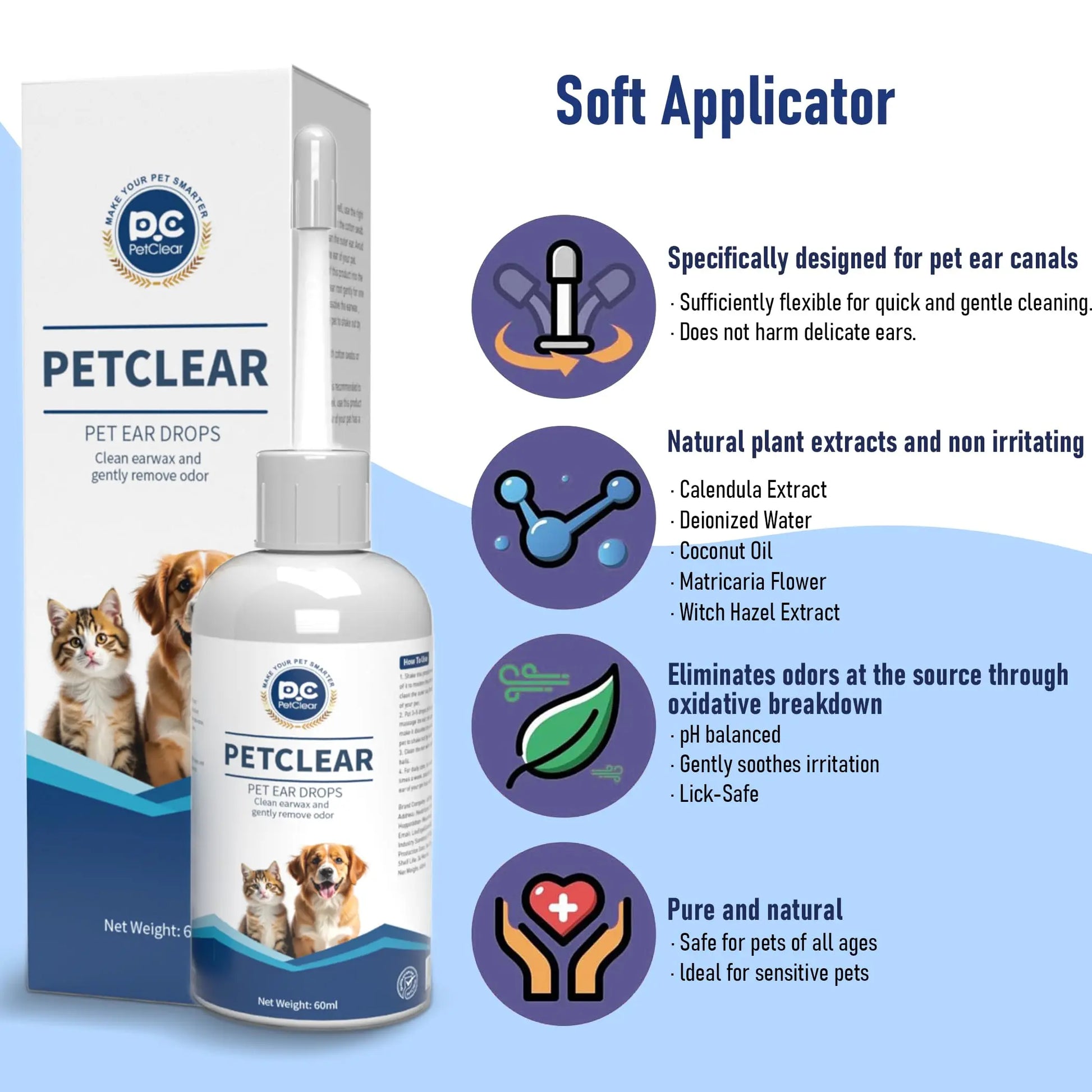PetClear 60ml Natural Ear Drops - Dogs Cats Ear Care, Mite/Wax/Odor Removal, Itch Relief, No Stinging/Residue, Soft Dropper petbloomstore