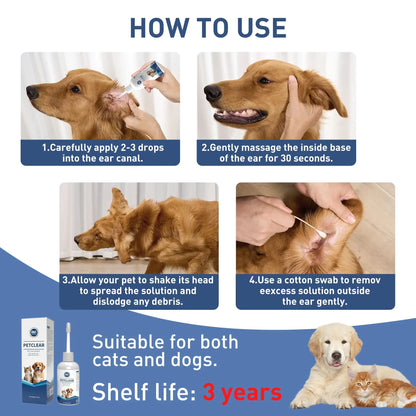 PetClear 60ml Natural Ear Drops - Dogs Cats Ear Care, Mite/Wax/Odor Removal, Itch Relief, No Stinging/Residue, Soft Dropper petbloomstore