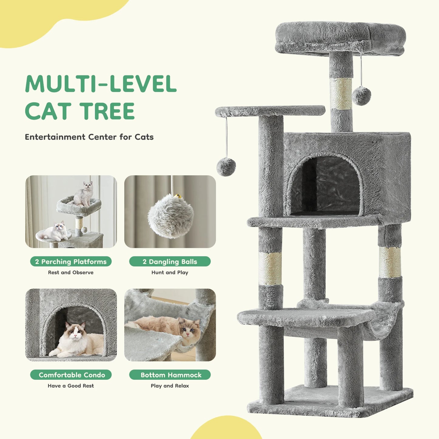 44" Tall Multi-Cat Tree & Climbing Tower 🐱🌳✨