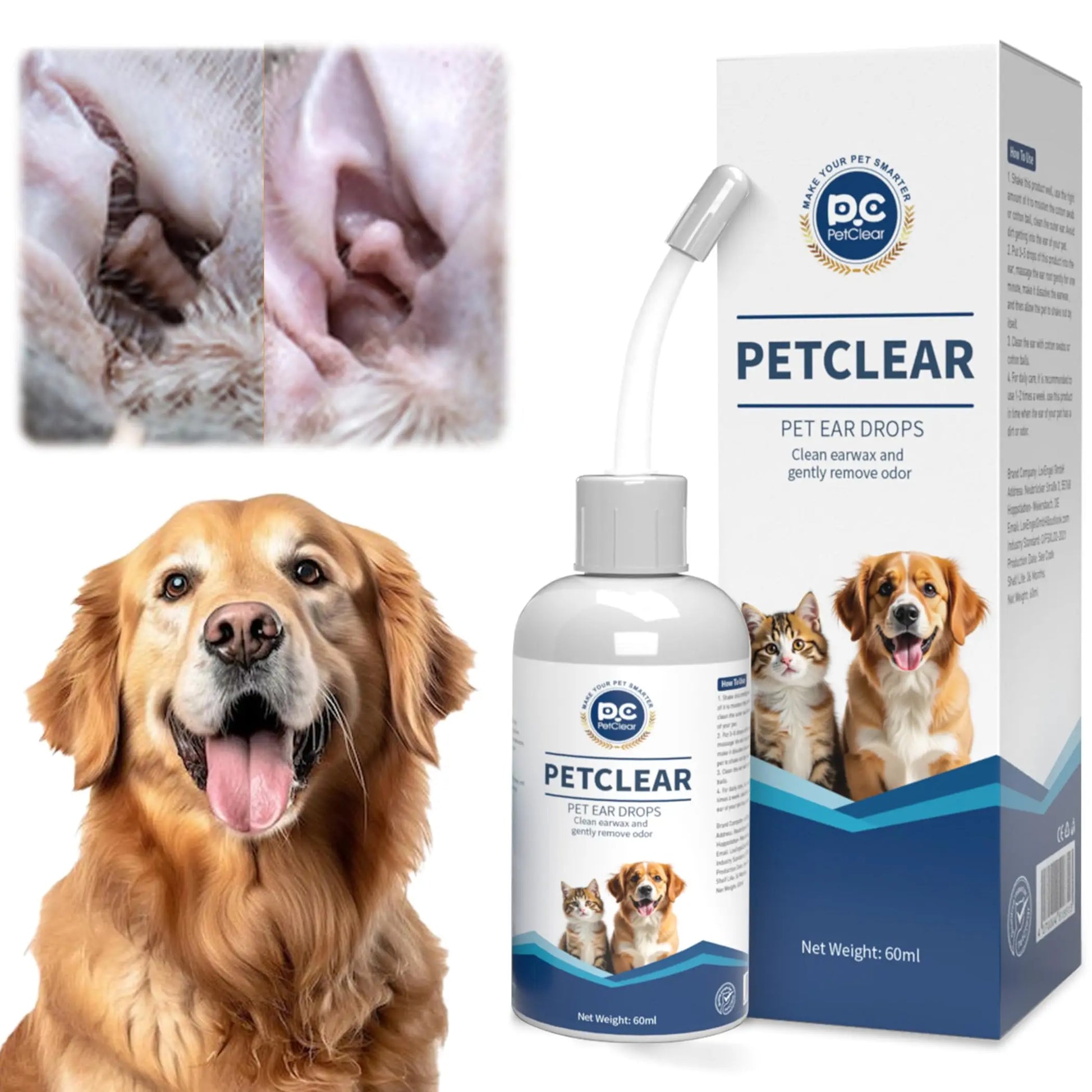 PetClear 60ml Natural Ear Drops - Dogs Cats Ear Care, Mite/Wax/Odor Removal, Itch Relief, No Stinging/Residue, Soft Dropper petbloomstore
