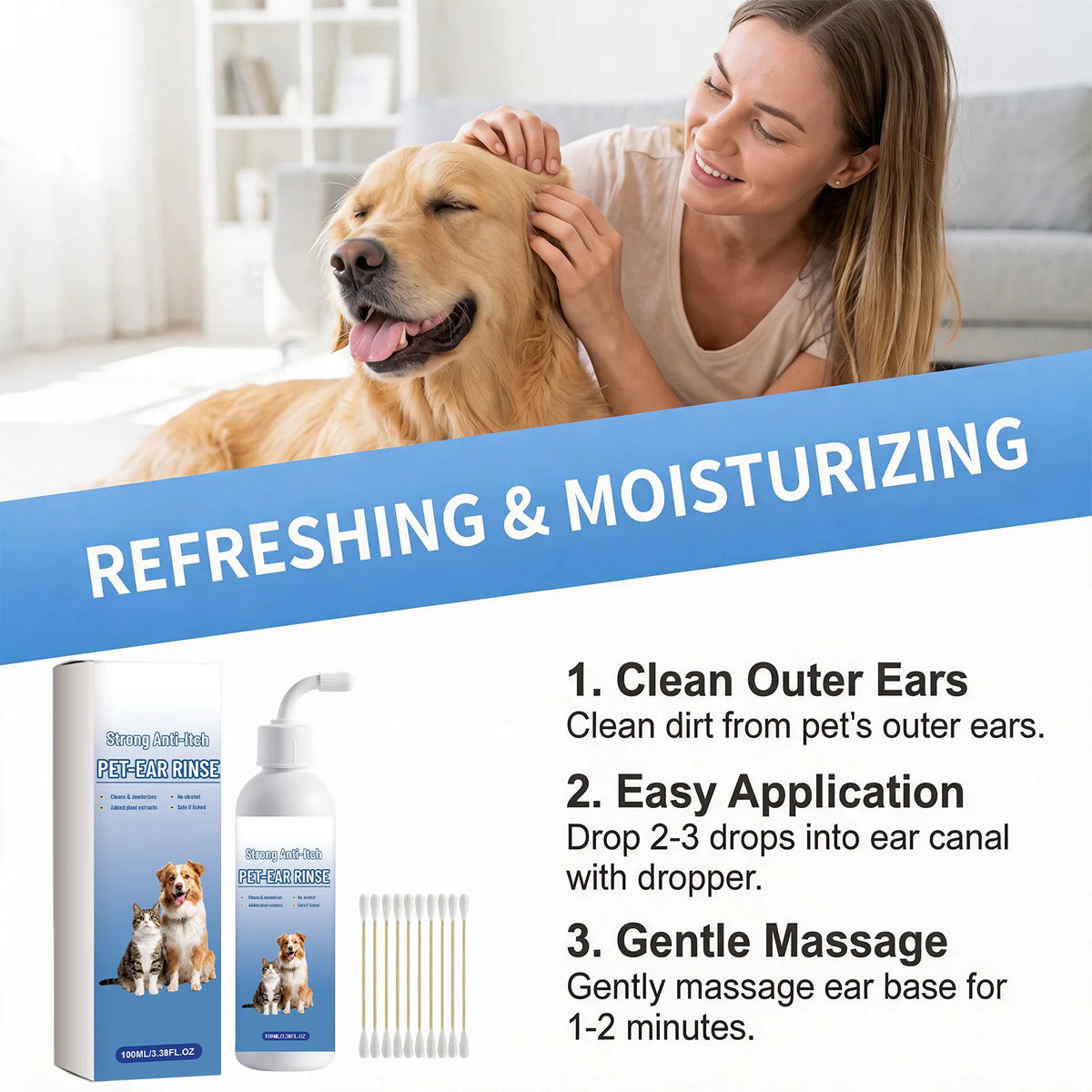 🧴 Pet Ear Cleaning Solution 10 Cotton Swabs