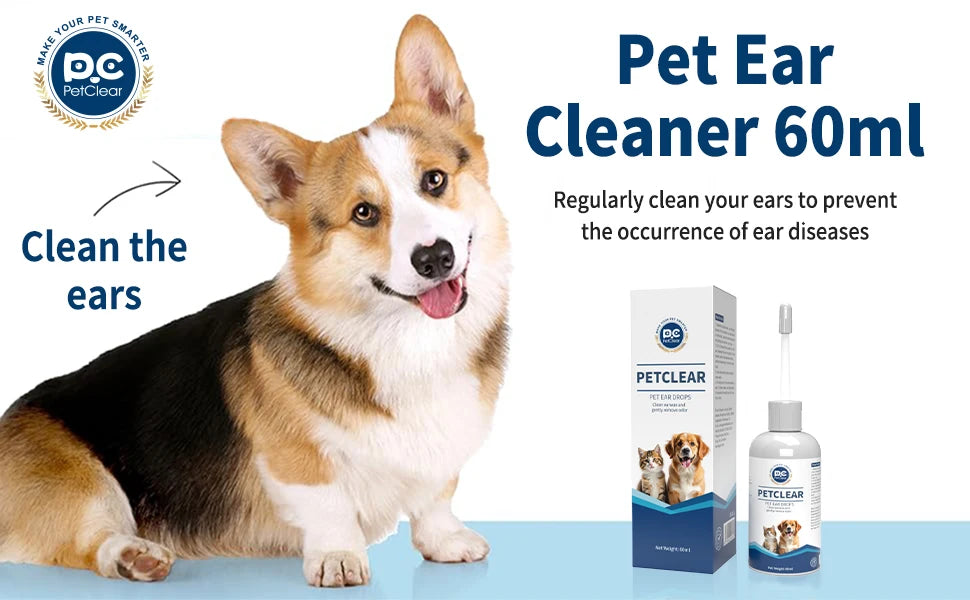PetClear 60ml Natural Ear Drops - Dogs Cats Ear Care, Mite/Wax/Odor Removal, Itch Relief, No Stinging/Residue, Soft Dropper petbloomstore