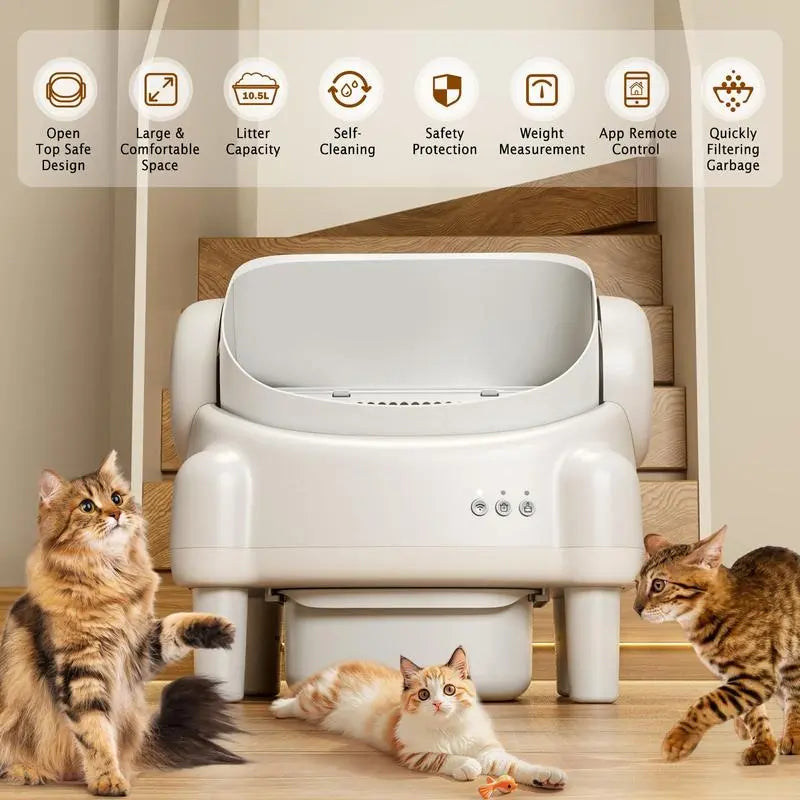 Best Seller | ECORUI Self - Cleaning - Litter Box Open Top Automatic with App Control for Multiple Cats Safety Sensors Protection Cream White 16.5"X16.5" Entrance 10.5L Compartment