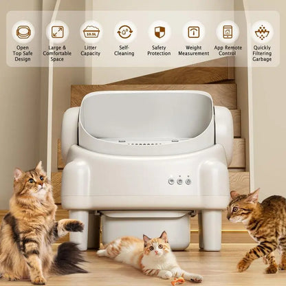 Best Seller | ECORUI Self - Cleaning - Litter Box Open Top Automatic with App Control for Multiple Cats Safety Sensors Protection Cream White 16.5"X16.5" Entrance 10.5L Compartment